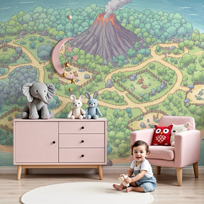 Dinosaur island mural wallpaper with volcano creating prehistoric nursery decor by Kids-Mundo