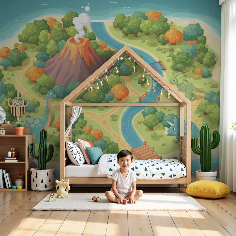 Dinosaur island mural wallpaper with volcano in modern nursery by Kids-Mundo