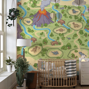 Tropical dinosaur wallpaper with volcano and friendly creatures decorating bright nursery space