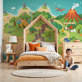 Dinosaur island mural wallpaper in modern kids nursery with tropical adventure theme by Kids-Mundo