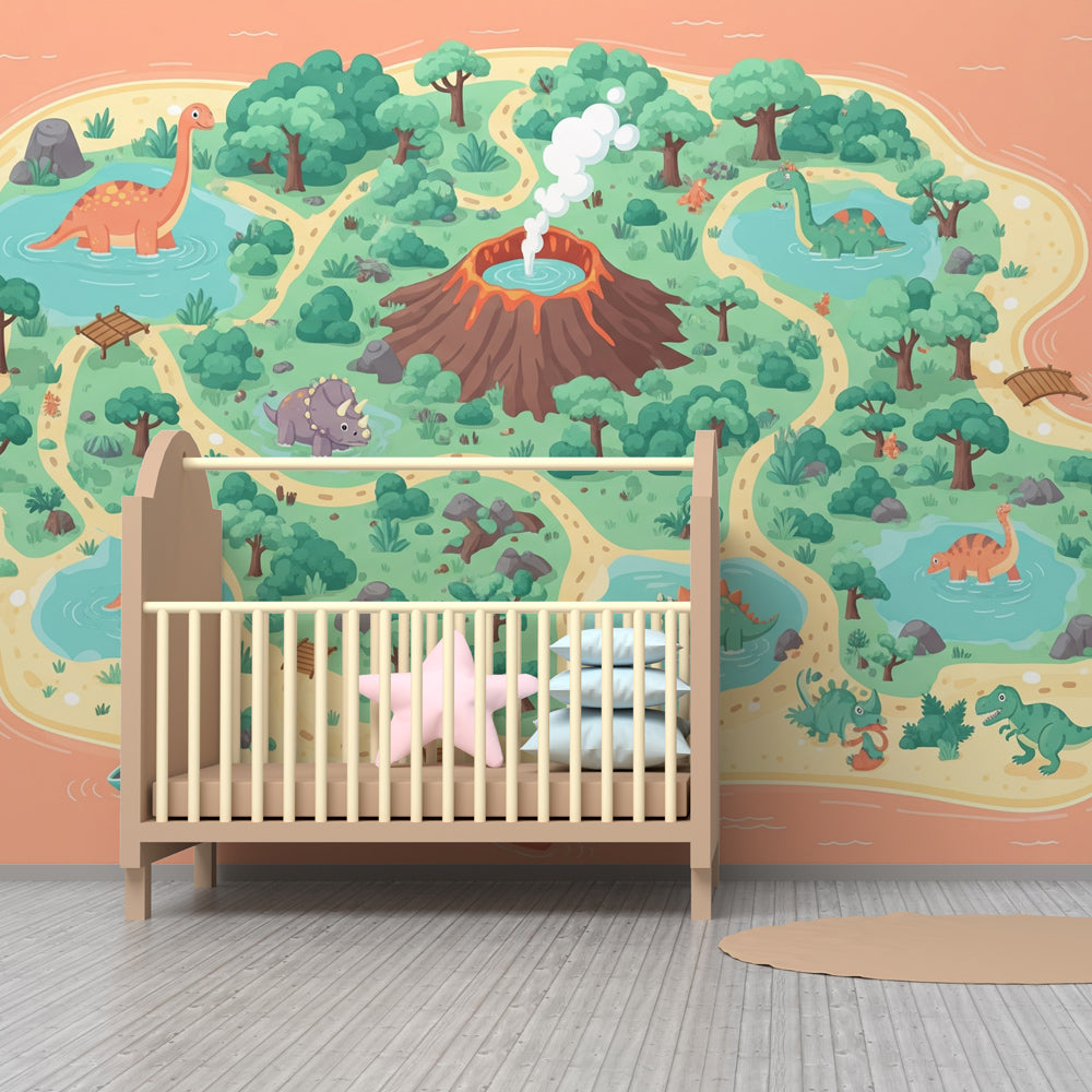 Colorful dinosaur map wallpaper for children's playroom featuring volcanoes and tropical landscapes