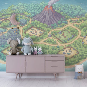 Prehistoric island mural wallpaper with dinosaurs creating educational playroom by Kids-Mundo