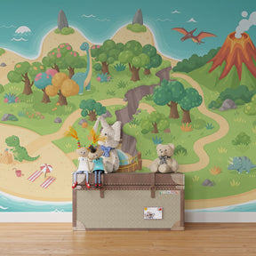 Kids playroom featuring dinosaur island mural wallpaper with volcano and beach scenes