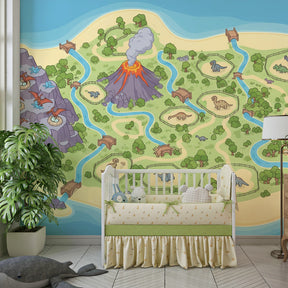 Educational dinosaur mural wallpaper featuring prehistoric island landscape in colorful playroom setting