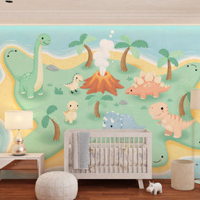 Prehistoric island wallpaper with cute dinosaurs creating magical playroom atmosphere by Kids-Mundo