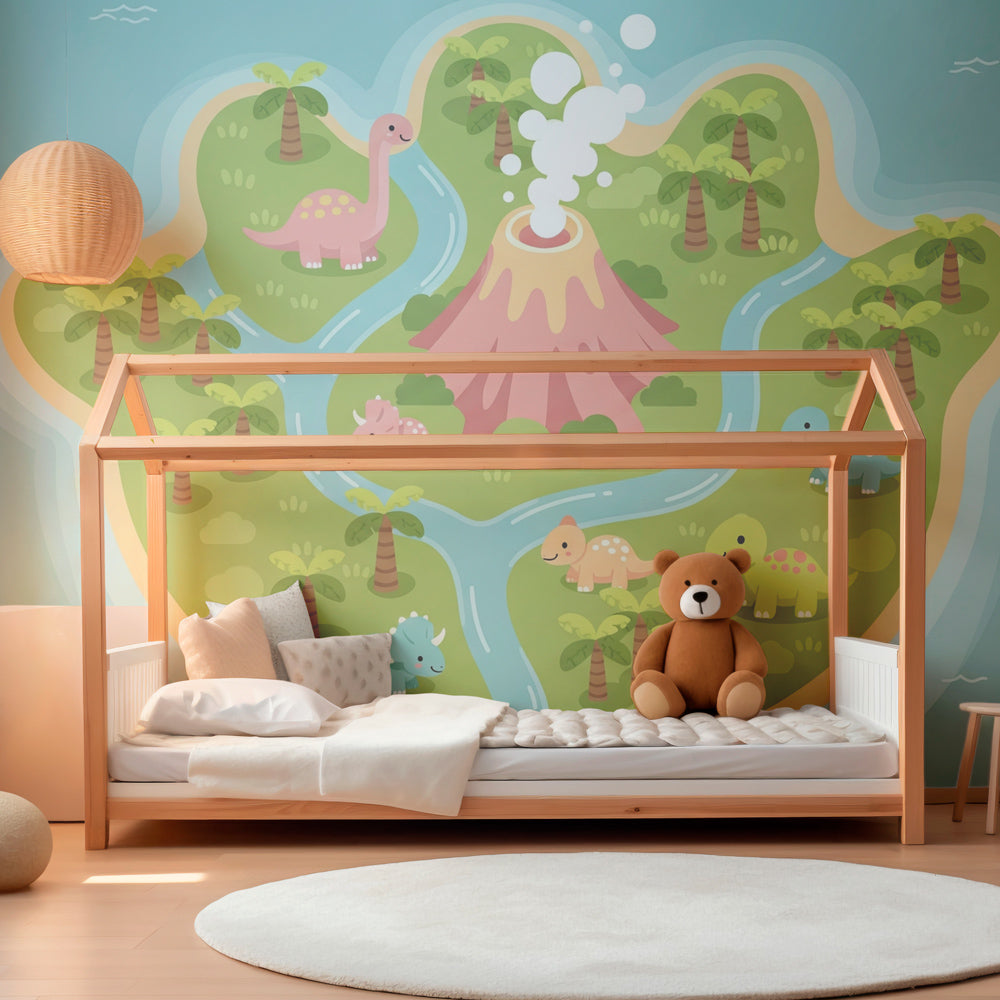 Adventure dinosaur mural wallpaper for kids playroom with volcano and palm trees by Kids-Mundo