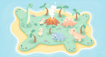 Kids-Mundo flat artwork of a smiling dinosaur island surrounded by a blue ocean