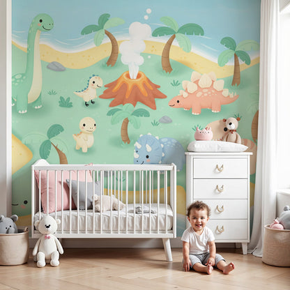 Kids-Mundo dinosaur island wall mural styled in a bright ocean-themed nursery