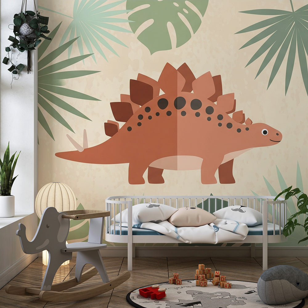 Kids-Mundo dinosaur jungle mural on a feature wall in a child's bedroom.