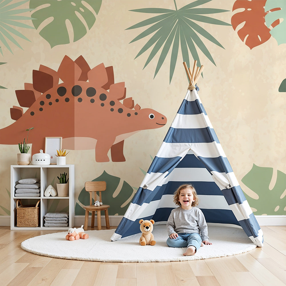 Kids-Mundo dinosaur wall mural styled in a warm, jungle-themed nursery room.