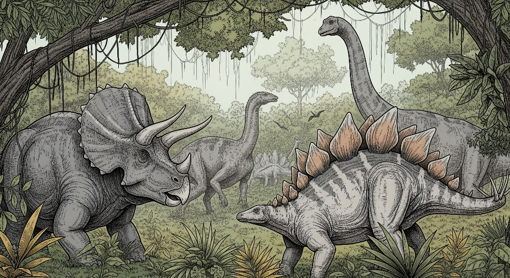 Kids-Mundo flat artwork of triceratops and stegosaurus dinosaurs in a green jungle