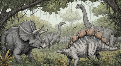Kids-Mundo flat artwork of triceratops and stegosaurus dinosaurs in a green jungle
