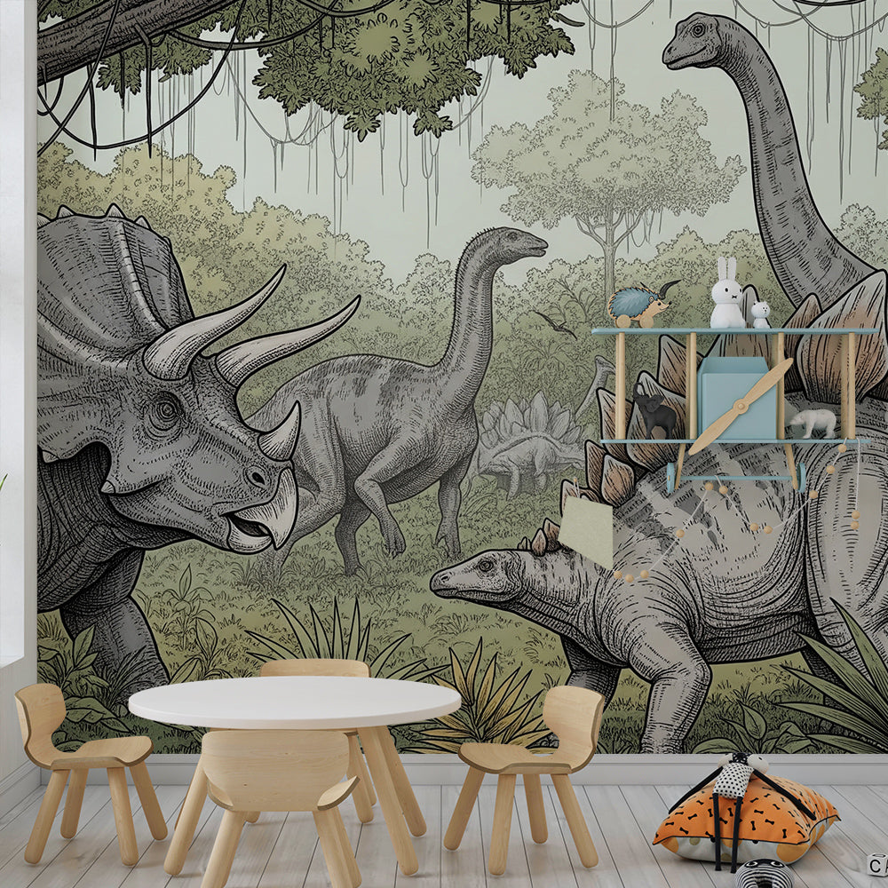 Kids-Mundo dinosaur mural brightening a playroom wall with a prehistoric jungle scene