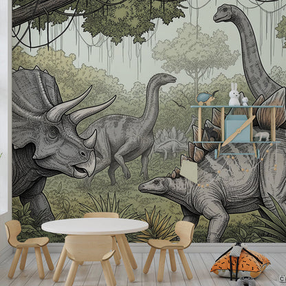 Kids-Mundo dinosaur mural brightening a playroom wall with a prehistoric jungle scene