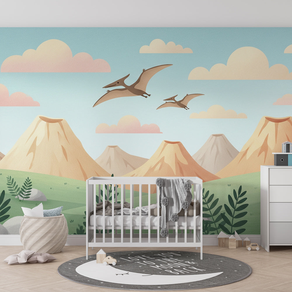 Prehistoric adventure mural wallpaper creating magical dinosaur theme in kids bedroom decor