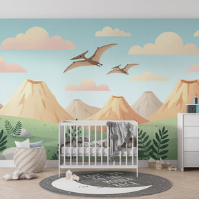 Prehistoric adventure mural wallpaper creating magical dinosaur theme in kids bedroom decor