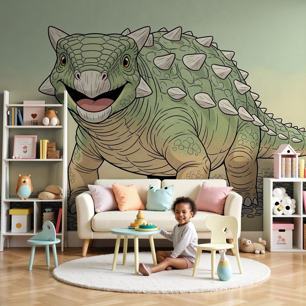 Smiling dinosaur mural wallpaper creating prehistoric adventure theme in kids bedroom by Kids-Mundo