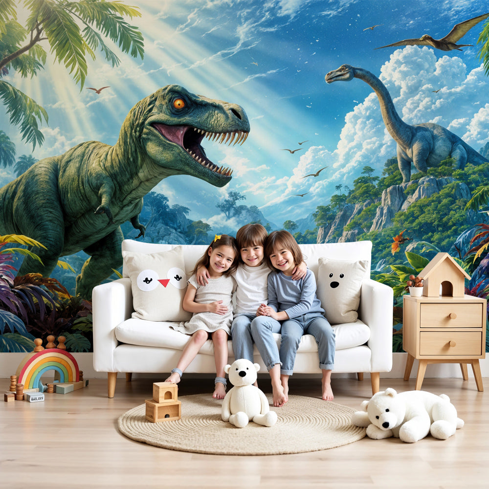 Dinosaur mural wallpaper in modern kids bedroom creating Jurassic adventure atmosphere by Kids-Mundo