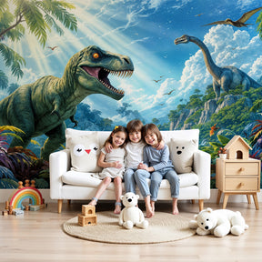 Dinosaur mural wallpaper in modern kids bedroom creating Jurassic adventure atmosphere by Kids-Mundo