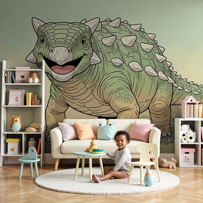 Smiling dinosaur mural wallpaper creating prehistoric adventure theme in kids bedroom by Kids-Mundo