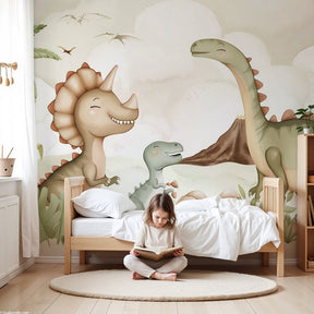 Happy dinosaur mural wallpaper creating prehistoric adventure in colorful kids bedroom by Kids-Mundo
