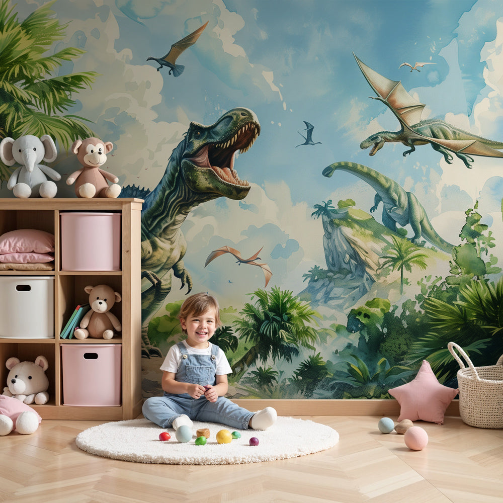 Dinosaur mural wallpaper with T-Rex and pterodactyls in modern kids bedroom by Kids-Mundo