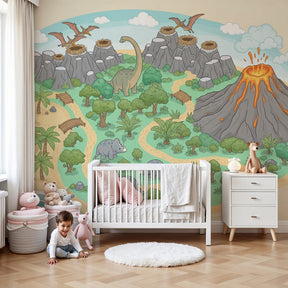 Dinosaur mural wallpaper creating prehistoric adventure in modern kids bedroom by Kids-Mundo
