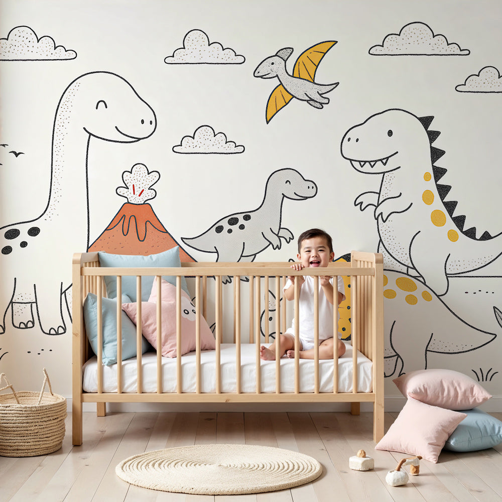 Dinosaur mural wallpaper in modern children's bedroom with prehistoric adventure theme by Kids-Mundo