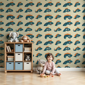 Cheerful dinosaur mural wallpaper in modern kids bedroom with blue and orange prehistoric theme by Kids-Mundo