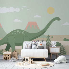 Friendly dinosaur wallpaper transforming children's bedroom with volcanic landscape design