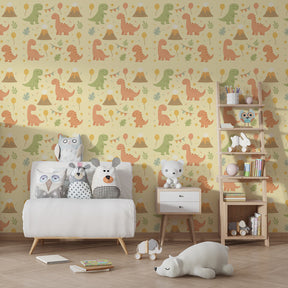 Playful dinosaur wallpaper creating magical kids bedroom with soft colors and adventure themes