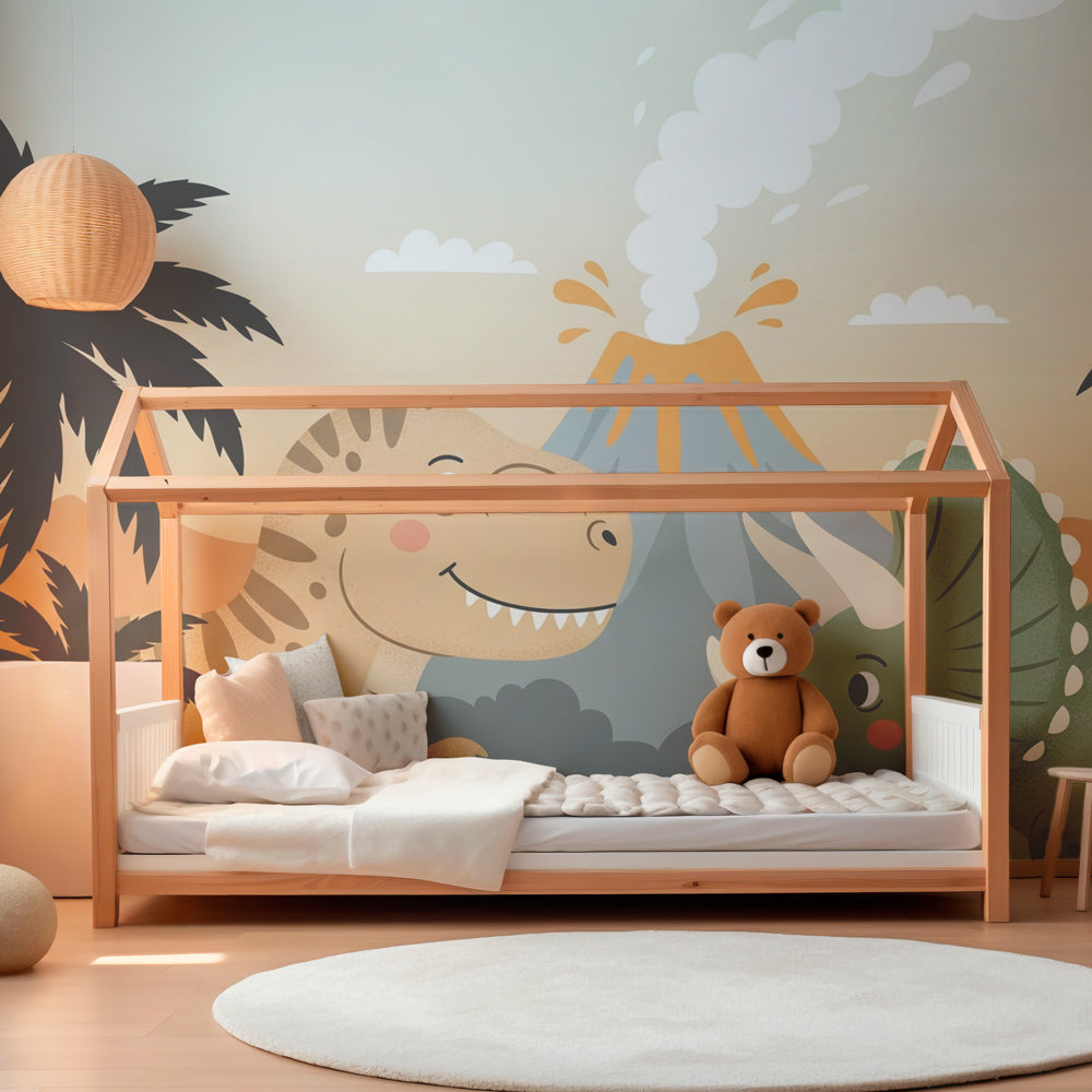 Prehistoric dinosaur wallpaper creating adventurous children's bedroom atmosphere with palm trees