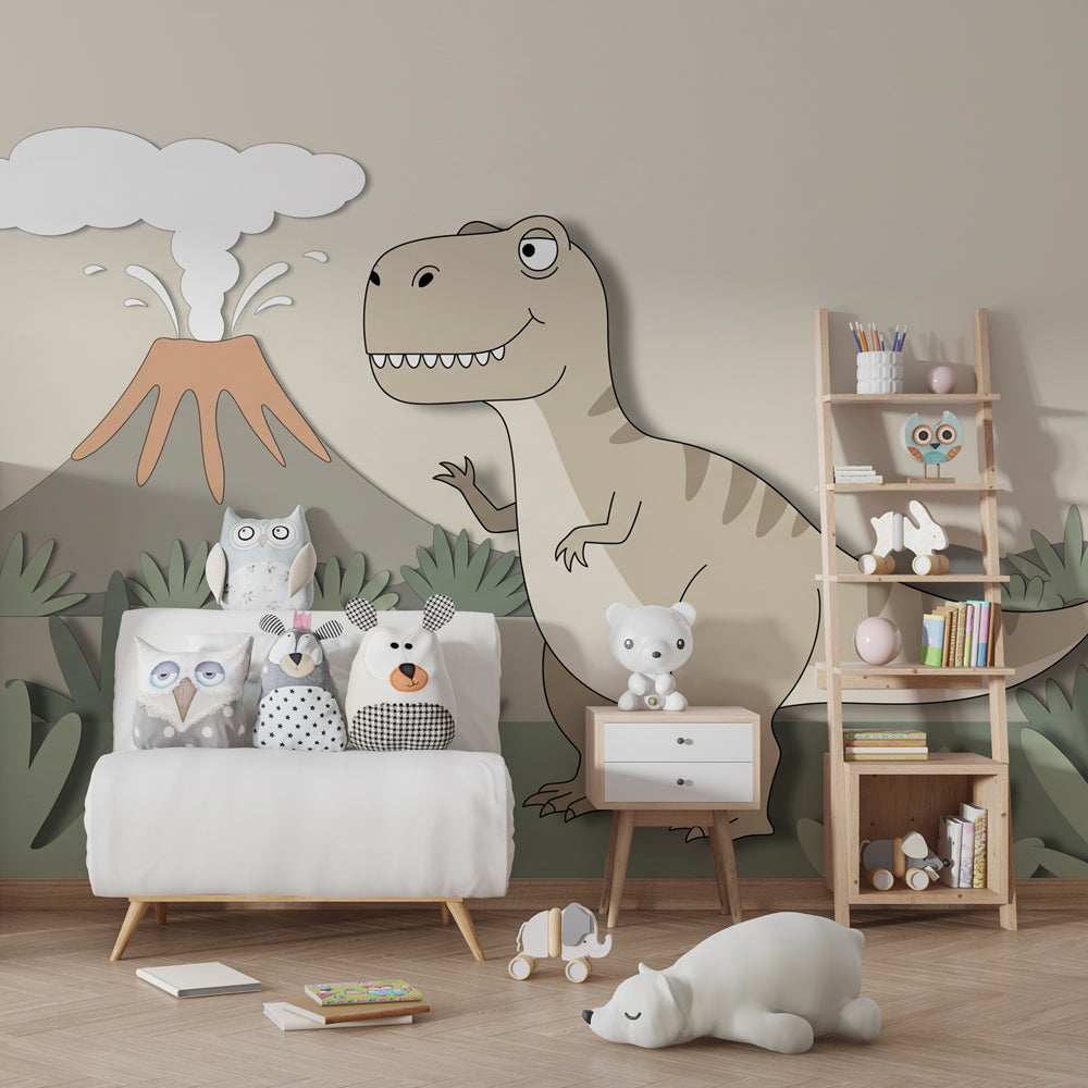 Prehistoric themed mural wallpaper creating adventure atmosphere in children's bedroom