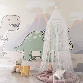 Prehistoric dinosaur wallpaper with T-Rex and Triceratops decorating children's bedroom space