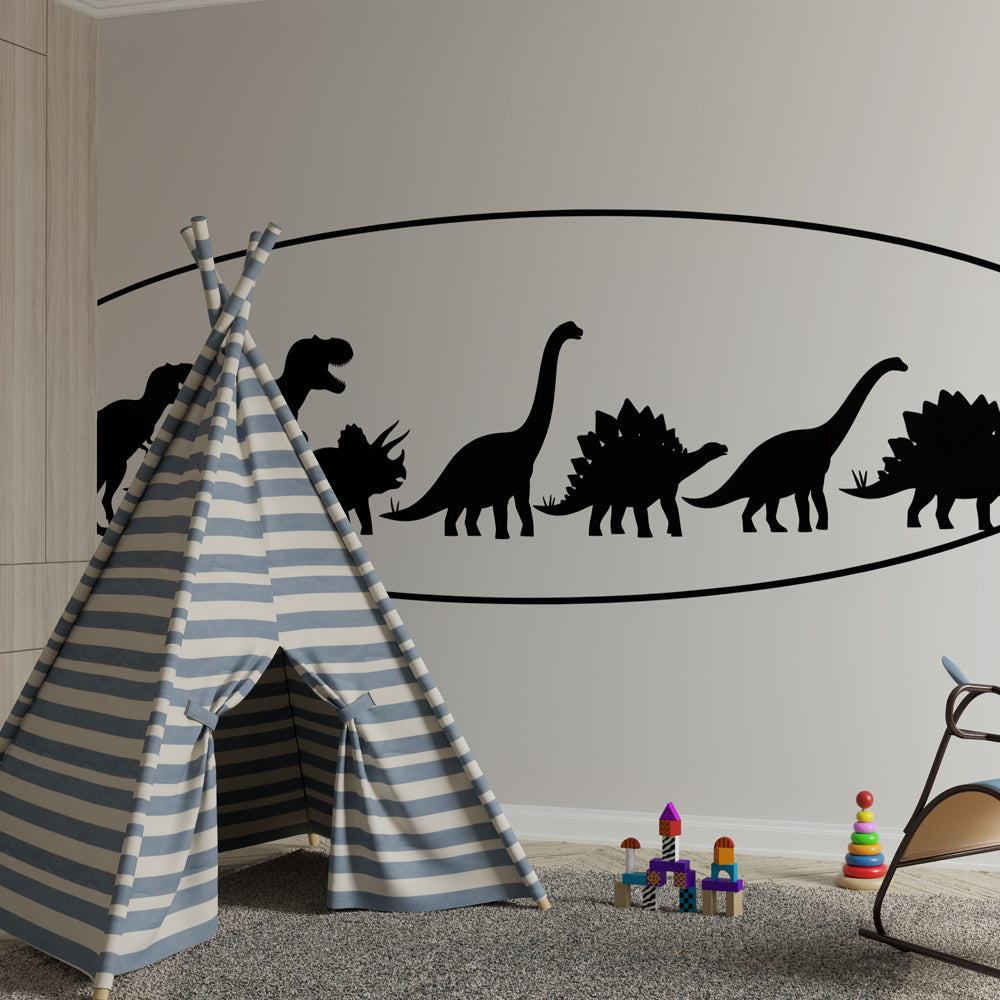 Black and white dinosaur mural wallpaper transforming modern kids bedroom space