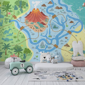 Tropical dinosaur wallpaper transforming children's bedroom into prehistoric paradise with volcano scene
