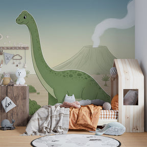 Prehistoric dinosaur wallpaper with volcano and tropical plants in children's bedroom setting