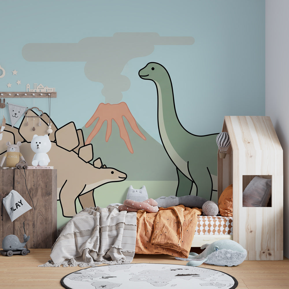 Blue dinosaur wall mural transforming kids bedroom into Jurassic adventure space