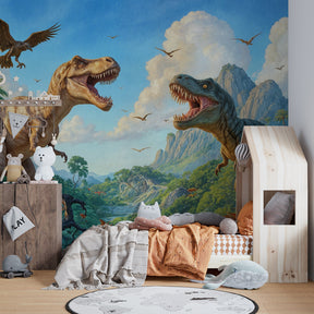 Educational dinosaur mural wallpaper with tropical jungle scene for kids room by Kids-Mundo