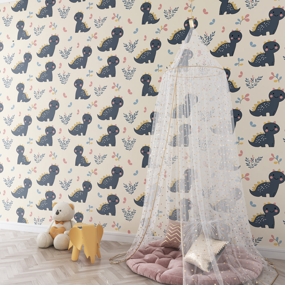 Baby dinosaur wallpaper creating playful kids bedroom atmosphere with soft pastel colors