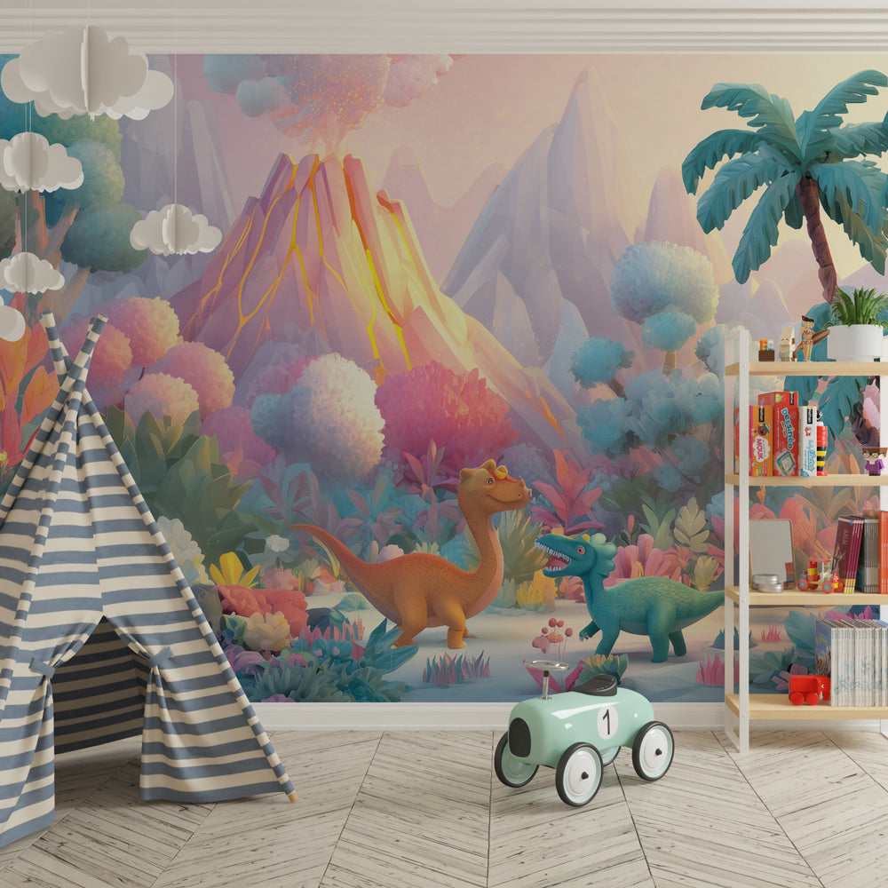 Prehistoric dinosaur mural wallpaper in toddler bedroom creating magical adventure atmosphere