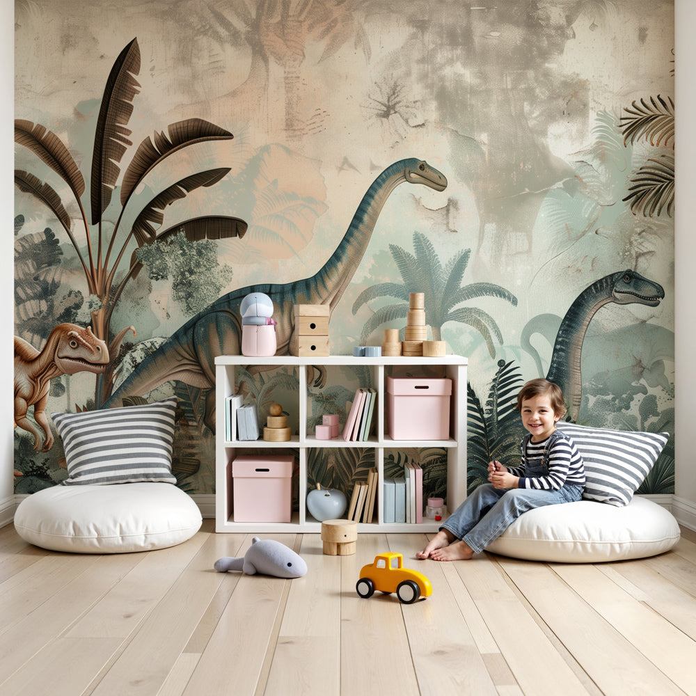 Dinosaur mural wallpaper creating prehistoric adventure in modern kids bedroom by Kids-Mundo