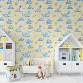 Pastel blue dinosaur wallpaper creating adventurous atmosphere in children's bedroom
