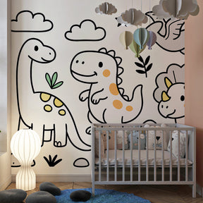Prehistoric dinosaur wallpaper creating adventurous kids bedroom atmosphere with T-rex and triceratops