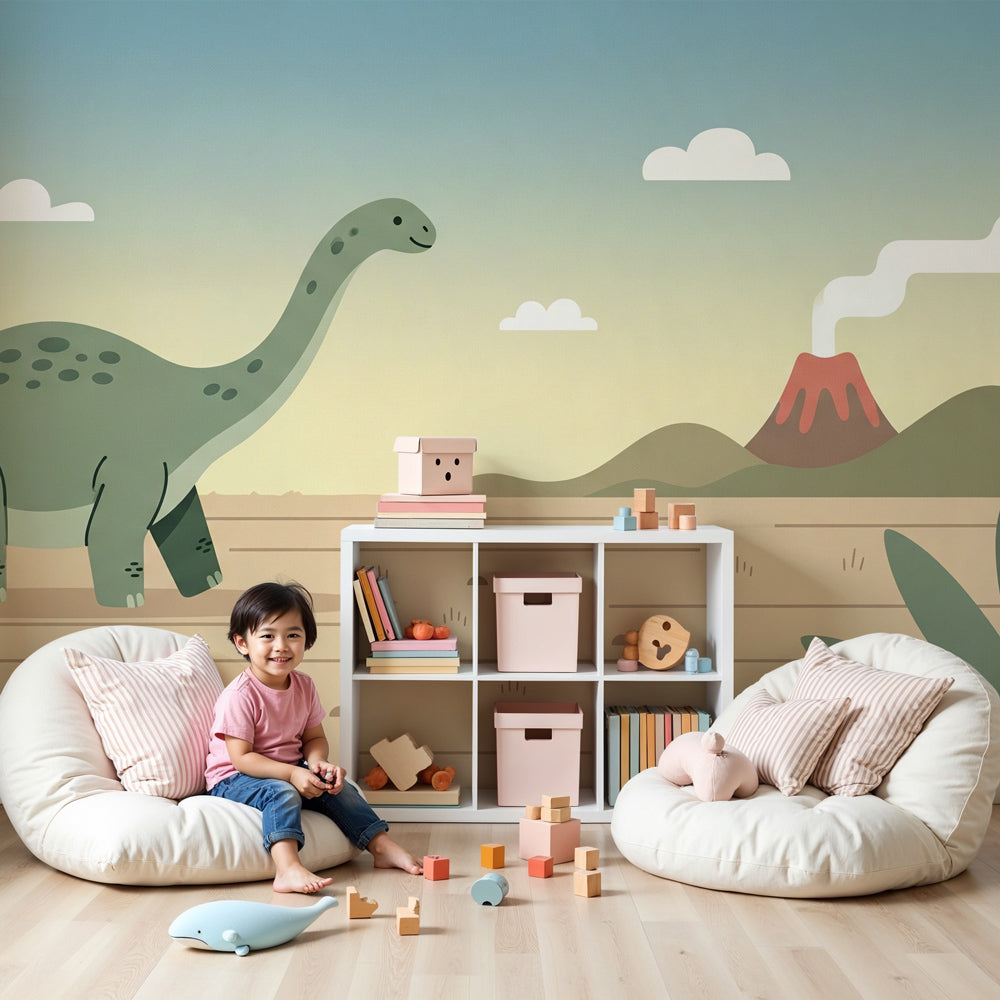 Happy dinosaur mural wallpaper creating prehistoric adventure atmosphere in modern kids bedroom by Kids-Mundo