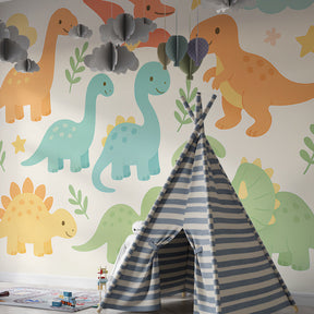 Dinosaur wallpaper transforming children's bedroom with educational prehistoric creatures and vibrant colors
