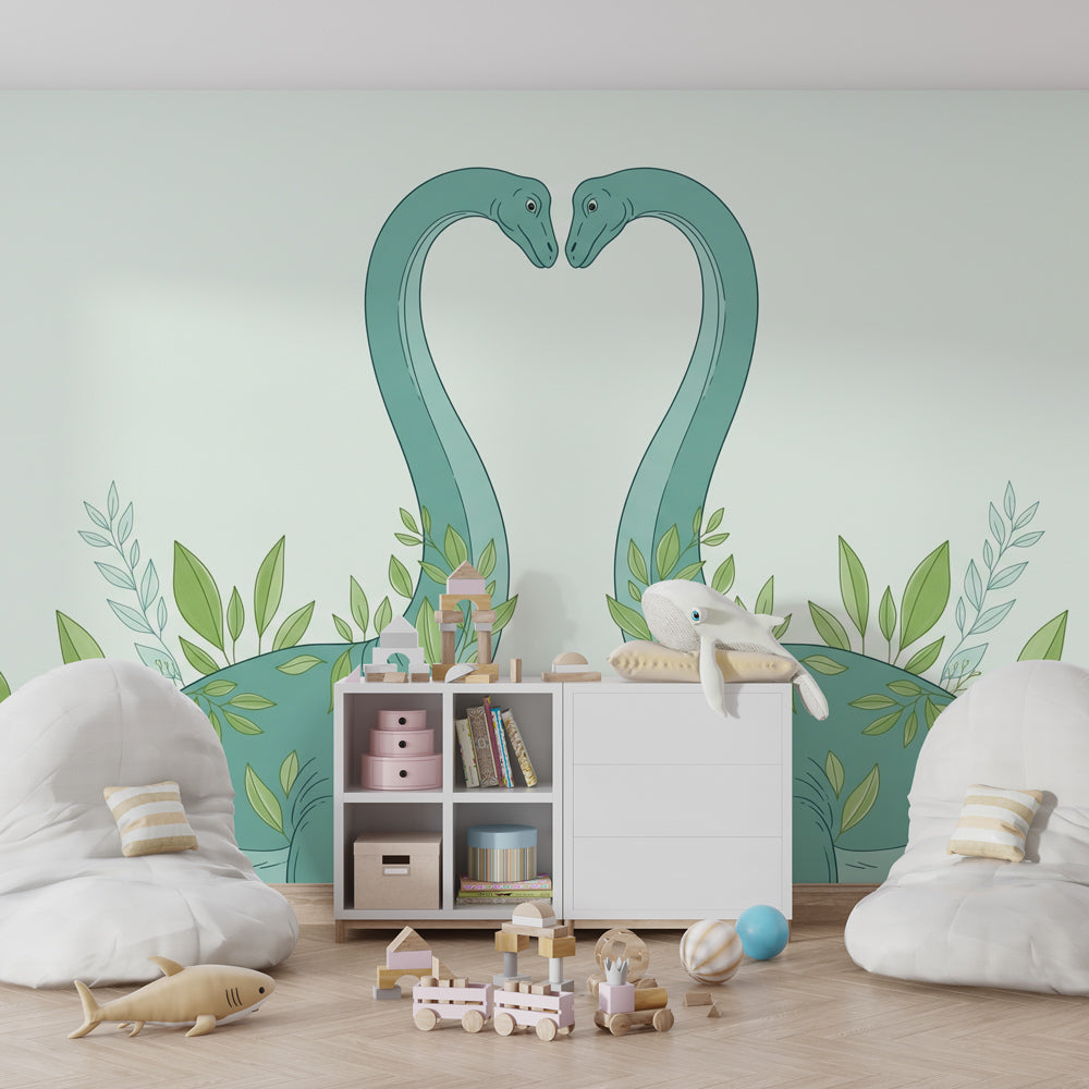 Close-up view of diplodocus and green foliage mural wallpaper for kids rooms