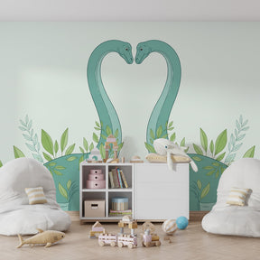 Close-up view of diplodocus and green foliage mural wallpaper for kids rooms