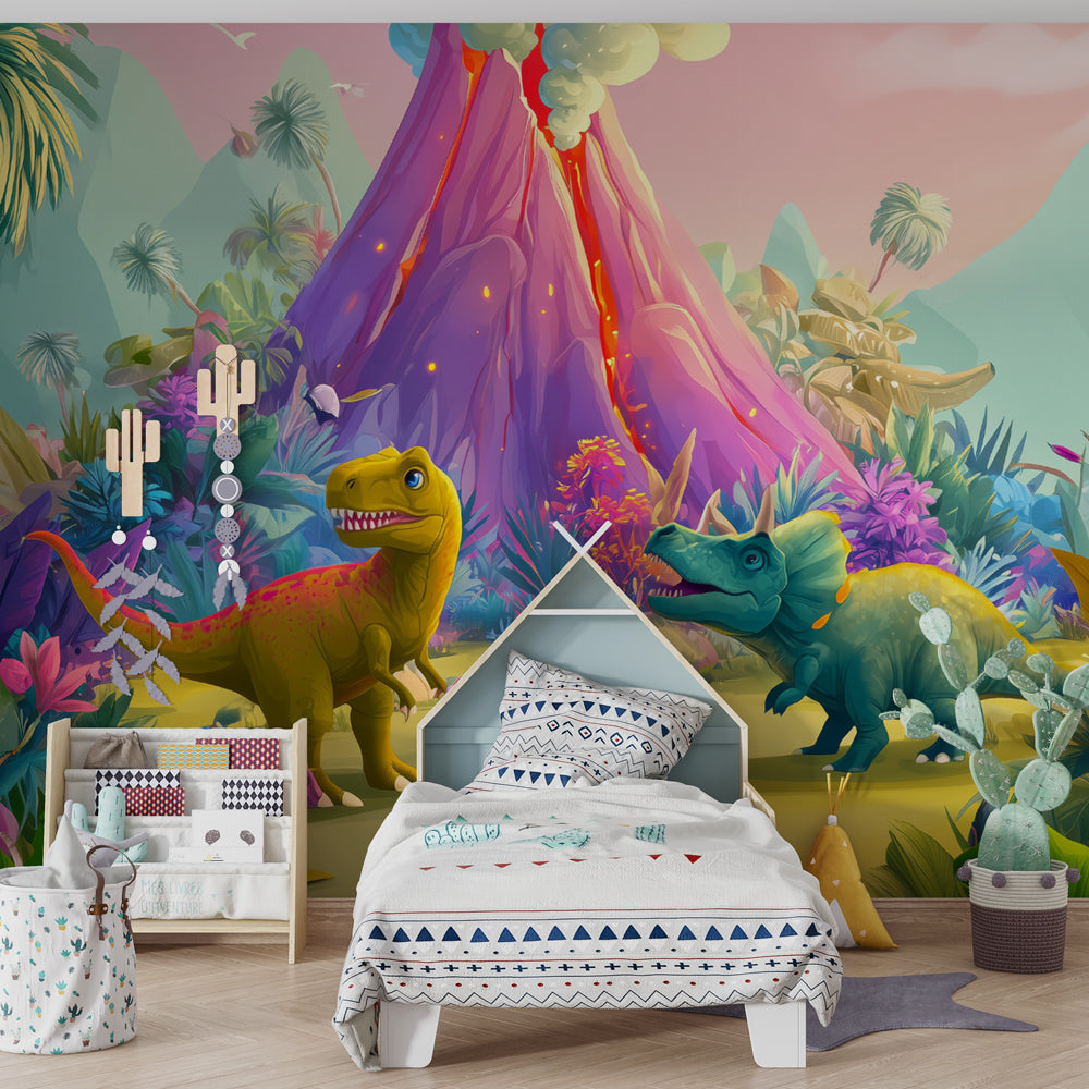 Prehistoric dinosaur wallpaper creating adventurous boys bedroom decor with tropical jungle theme