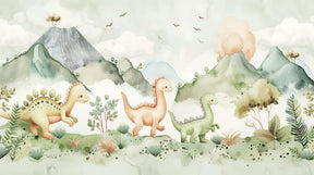 Detailed happy dinosaur mural wallpaper design pattern with pastel volcanoes by Kids-Mundo